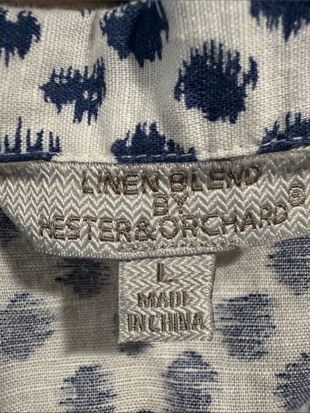Linen Blend White Button-Down Shirt with Navy Pattern - Picture 2 of 8